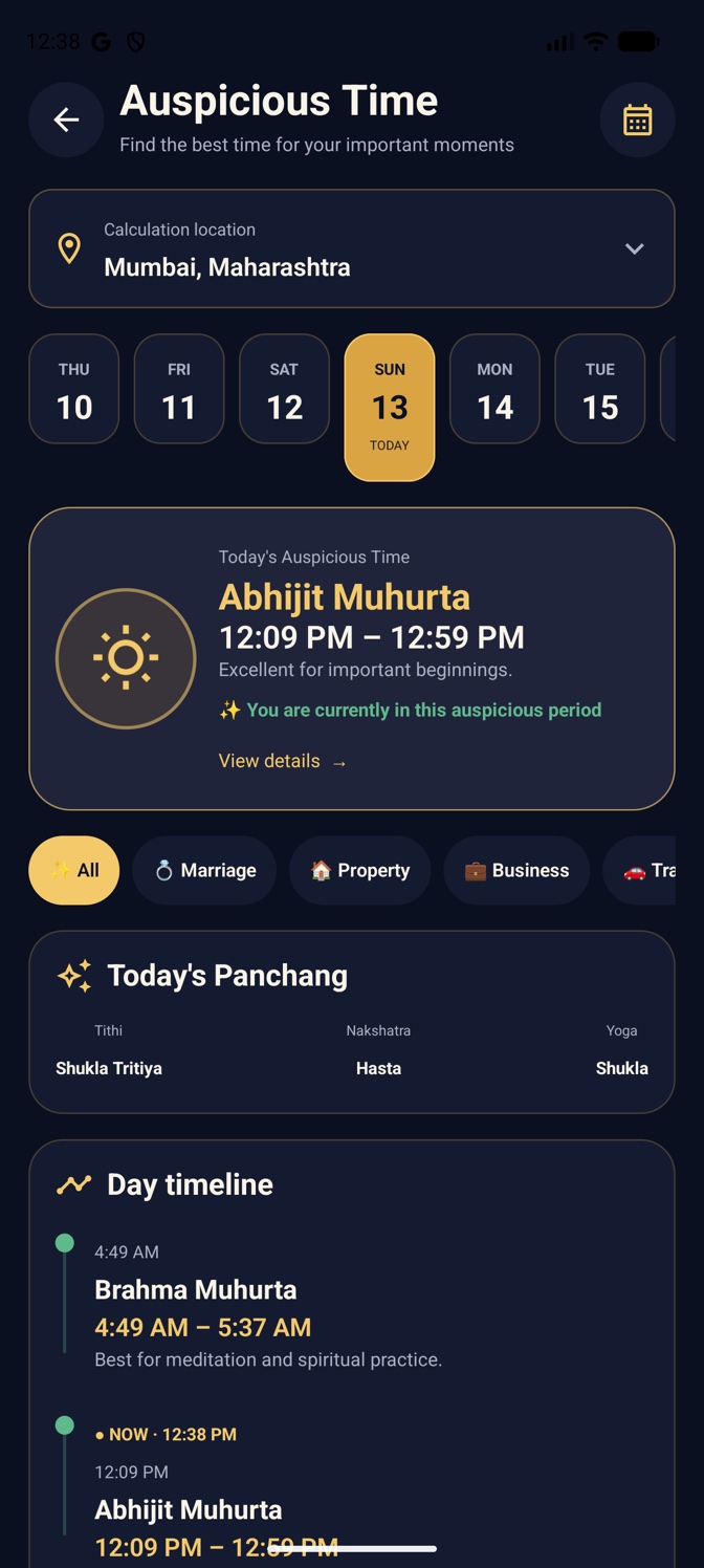Auspicious Time screen in the Astro Android app