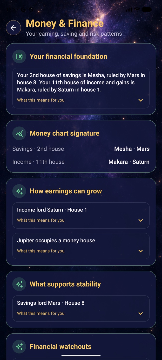 Money & Finance screen in the Astro Android app